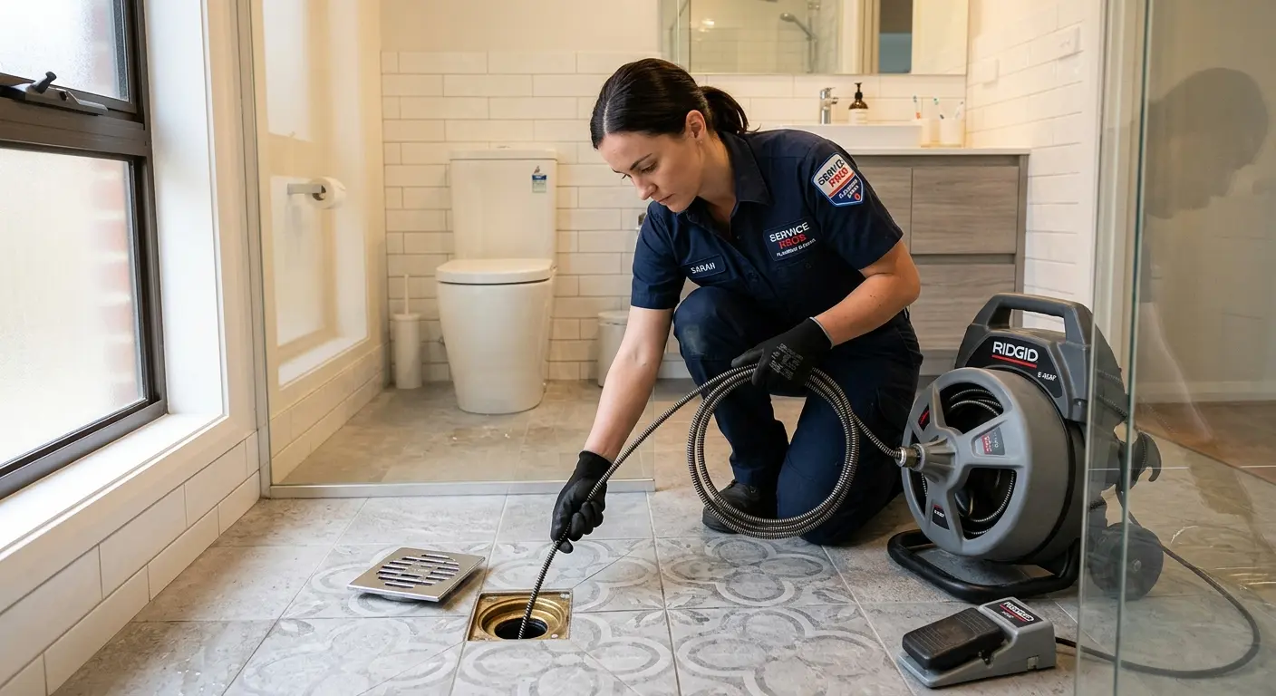 Technician clearing a bathroom floor drain for Drain Cleaning in Riverdale